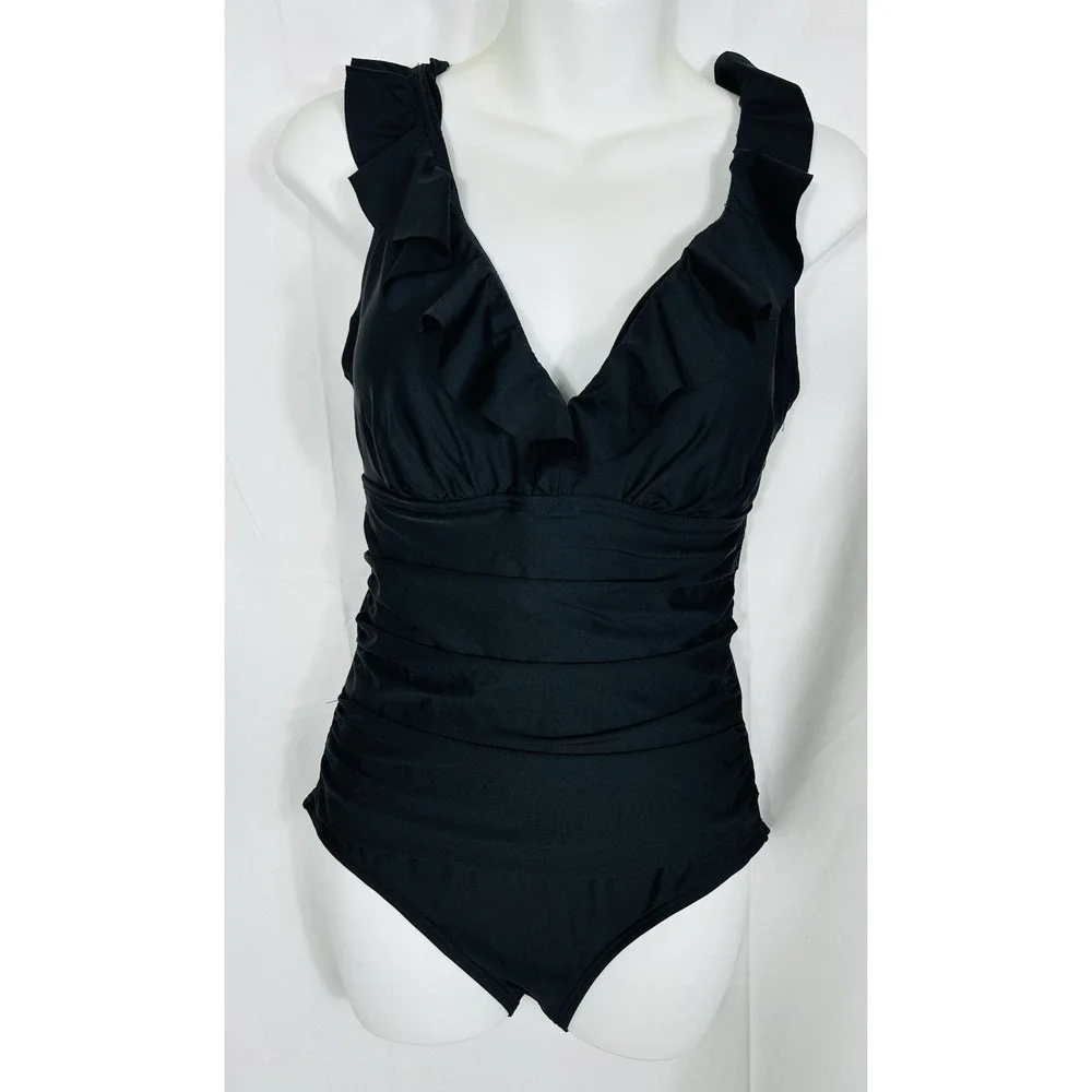 DKNY Womens‎ Ruffle Plunge V-Neck One Piece Swimsuit Solid Black Size M NWT - Picture 3 of 8